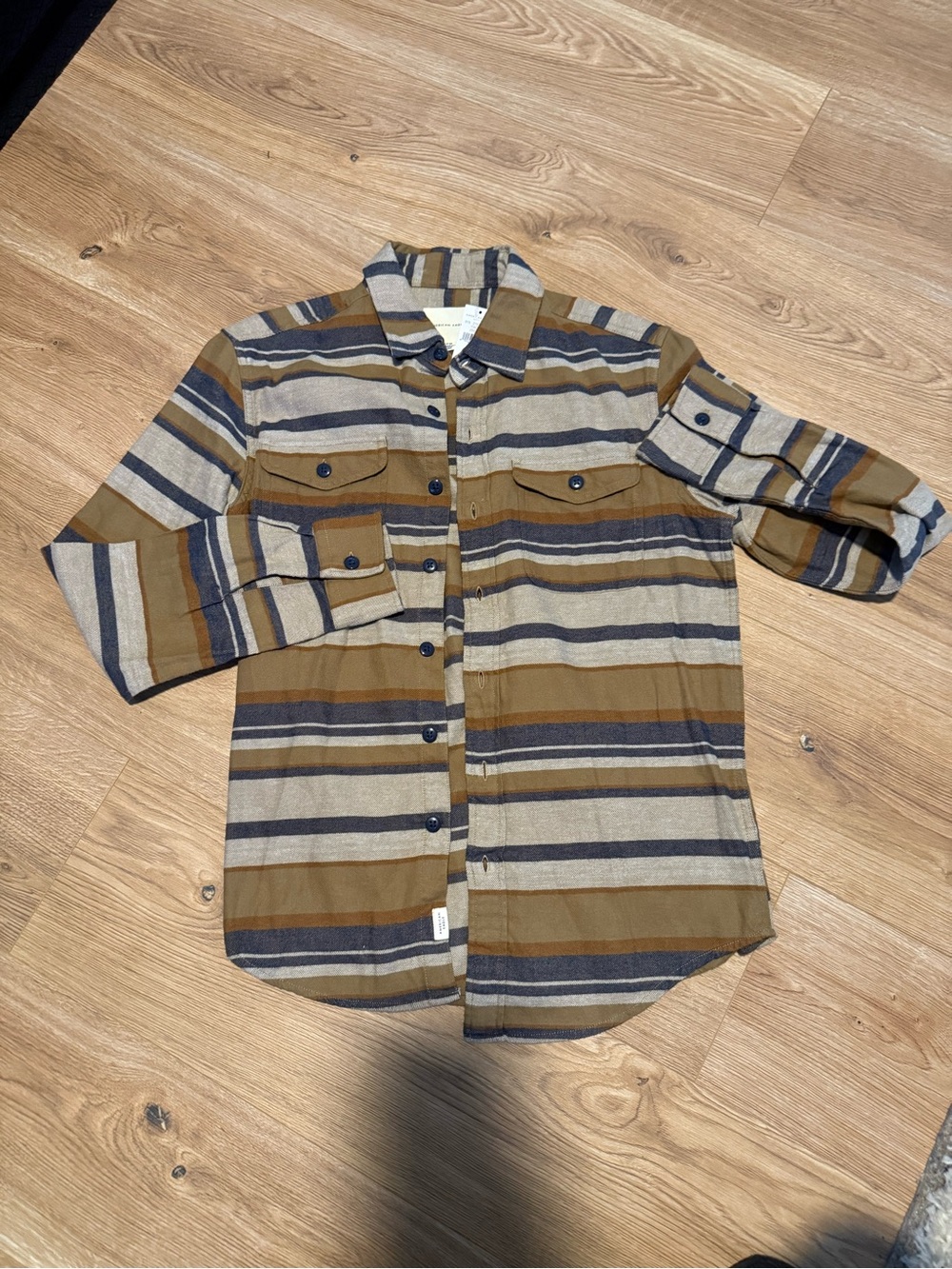 American Eagle Outfitters Striped Button-Down in Olive, Navy, and Cream